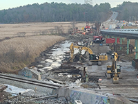 Overhead view of complete work site as crews cleans.
